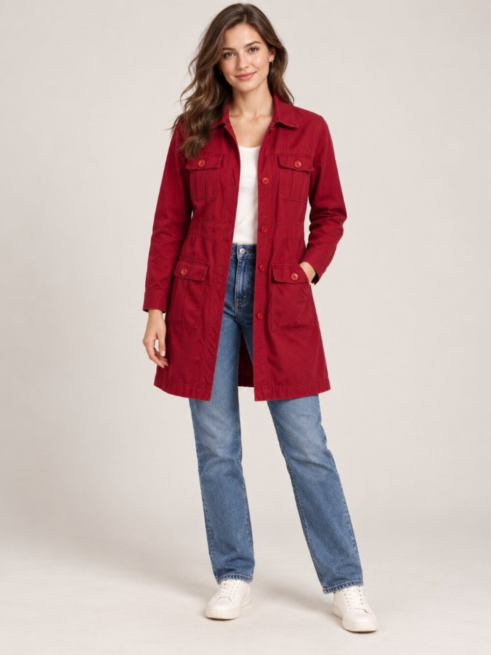 Nine & Company Size 4 Red Cotton Utility Trench Coat Long Jacket Y2K